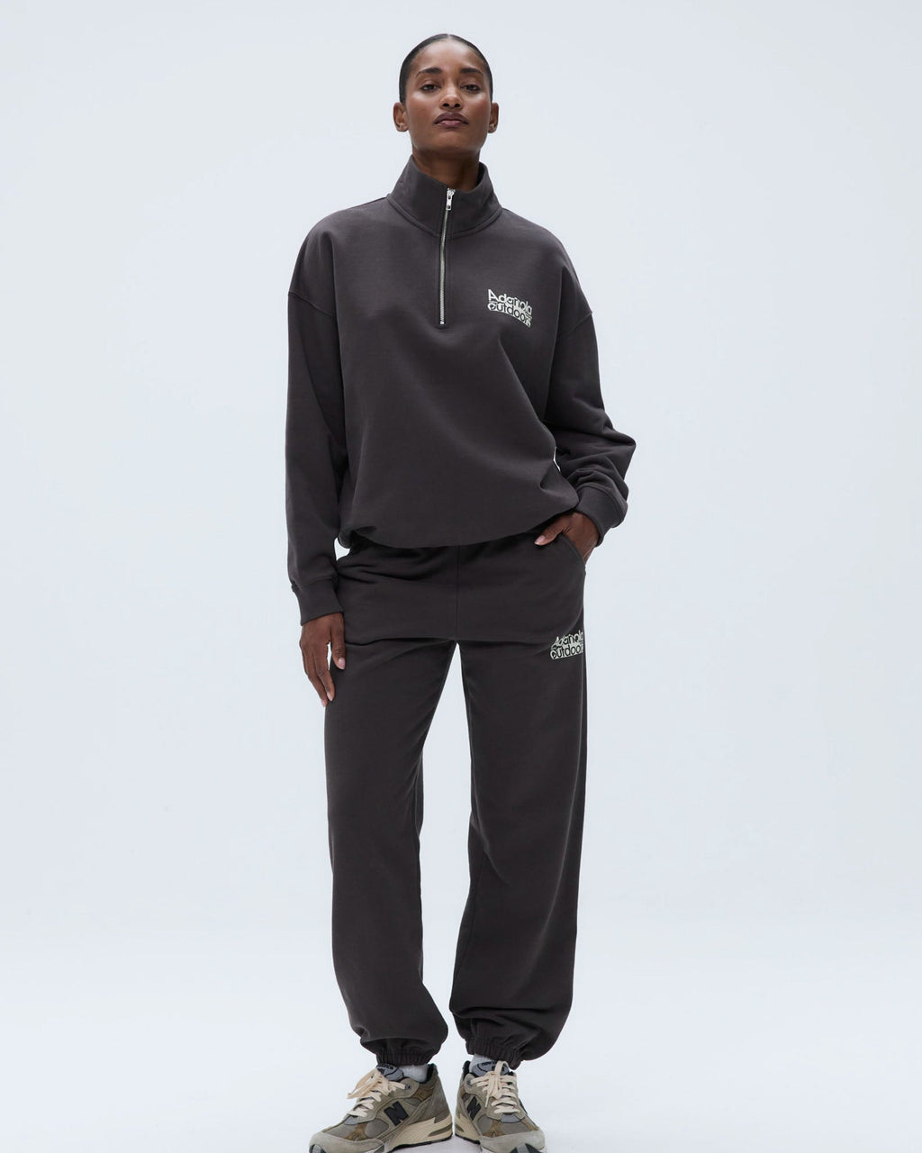 Trail Oversized Funnel Neck Zip Sweatshirt - Washed Coffee Bean/Marshmallow White