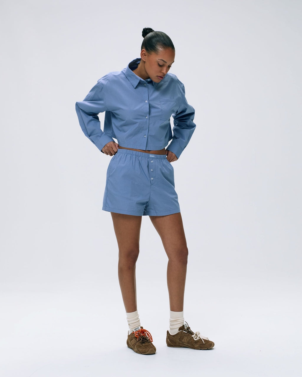 Cotton Cropped Shirt - Blue