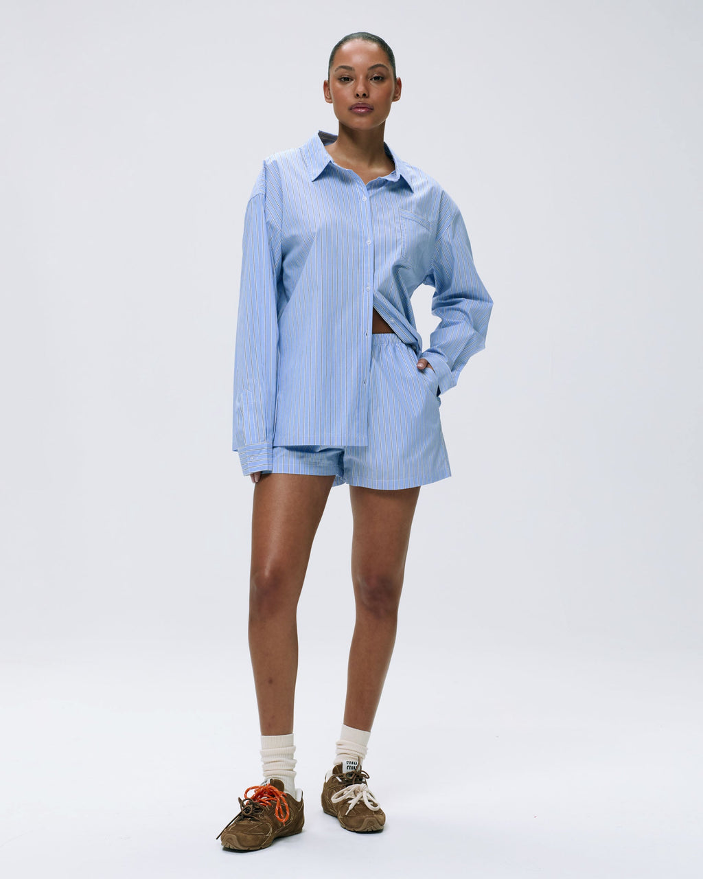 Cotton Stripe Oversized Shirt - Blue