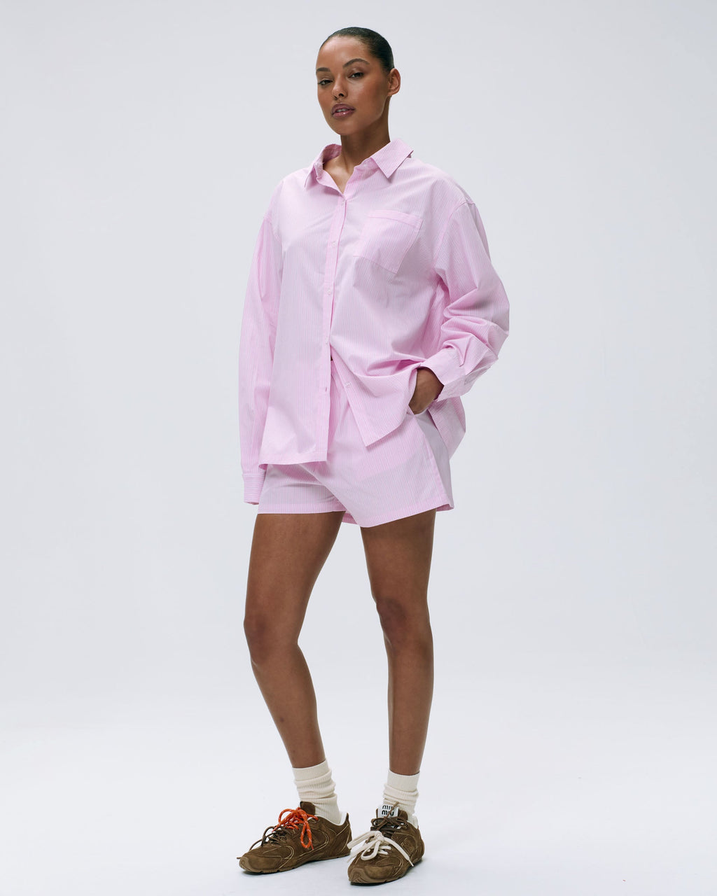 Cotton Stripe Oversized Shirt - Pink