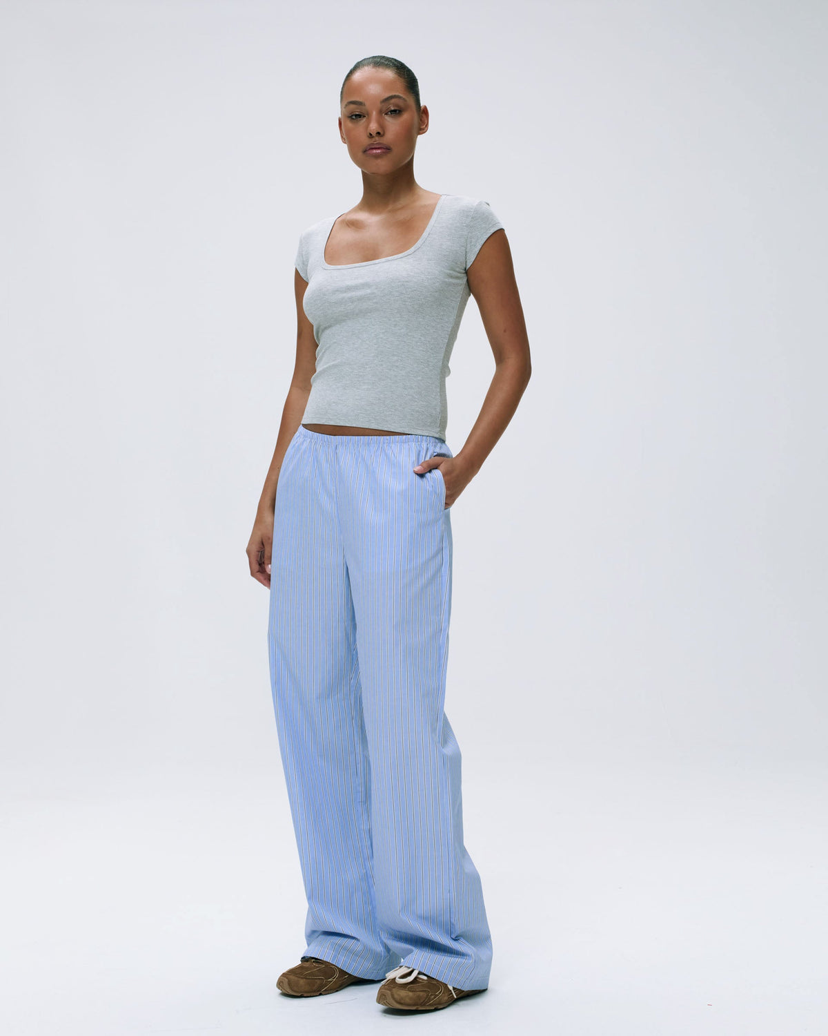 Cotton Stripe Pull On Pants - Blue
