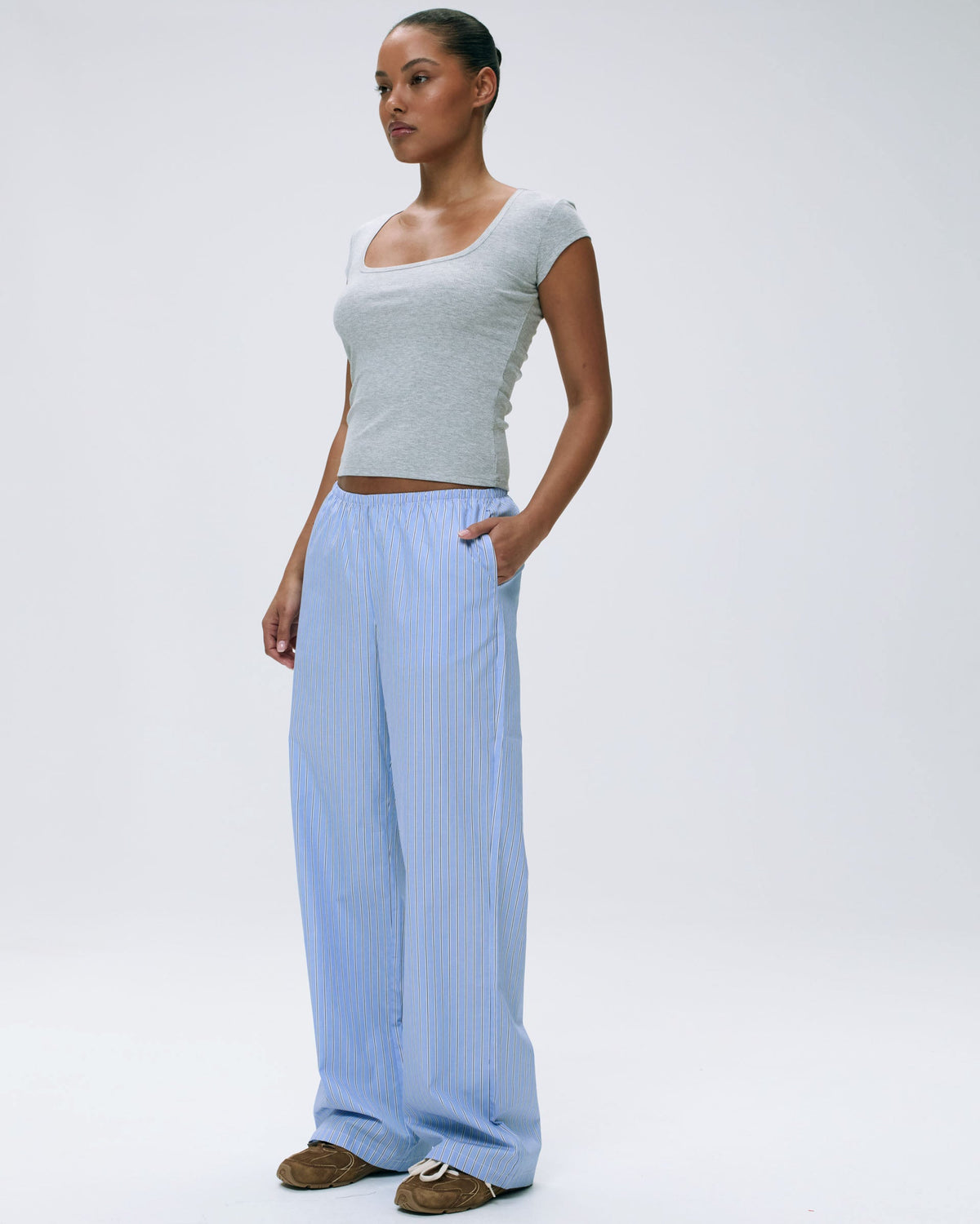 Rib Short Sleeve Scoop Neck Top - Light Grey Melange