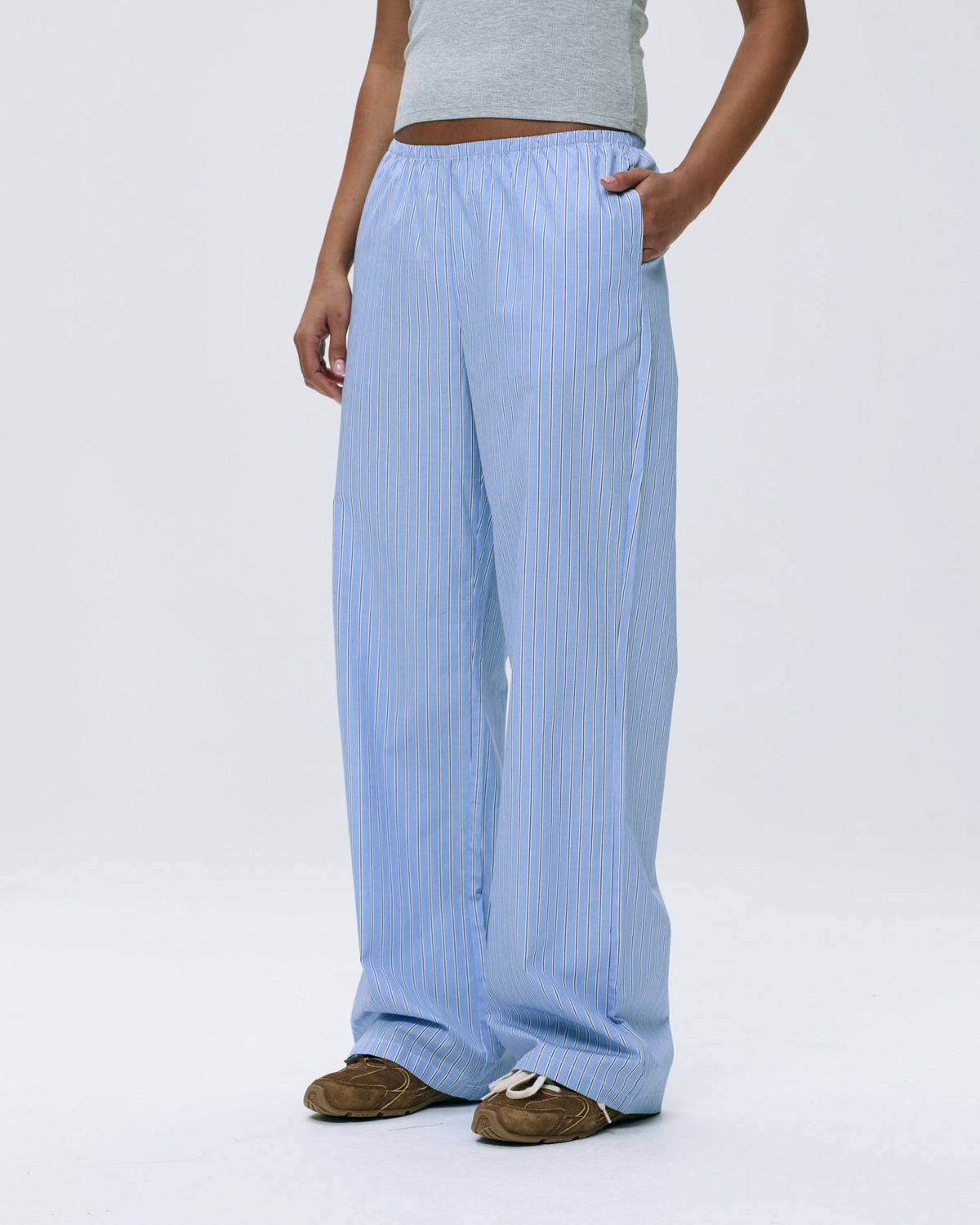 Cotton Stripe Pull On Pants - Blue