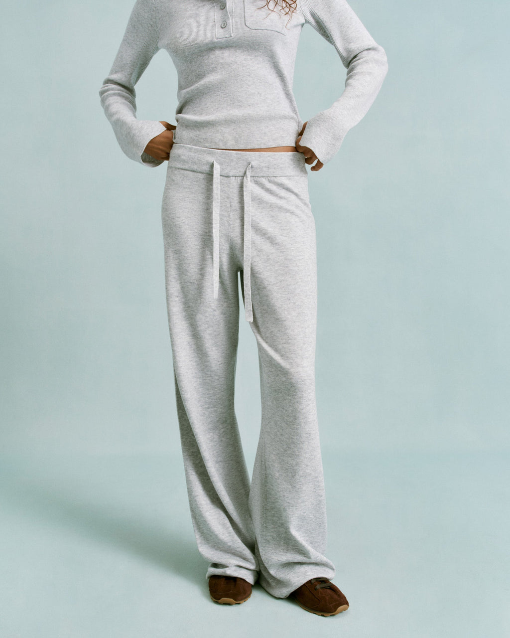 Knit Straight Leg Trousers - Light Grey Melange