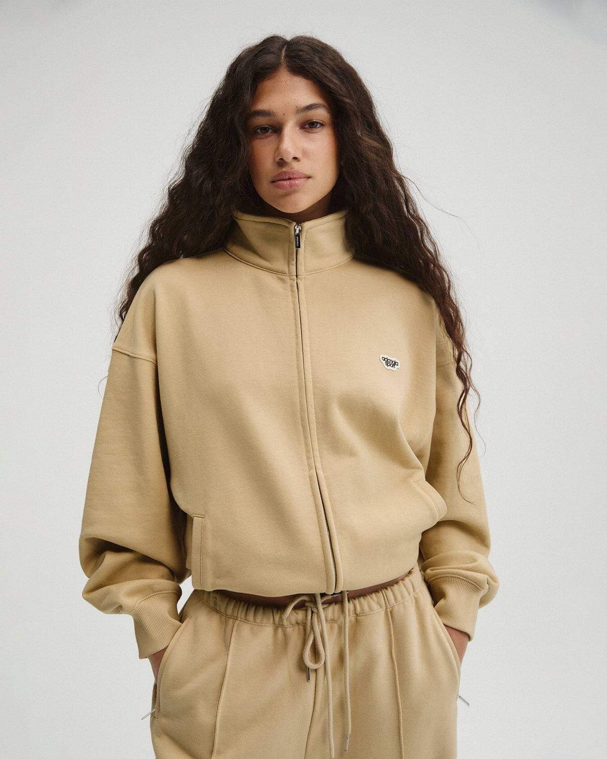 Drawcord Zip Through Sweatshirt - Caramel Beige