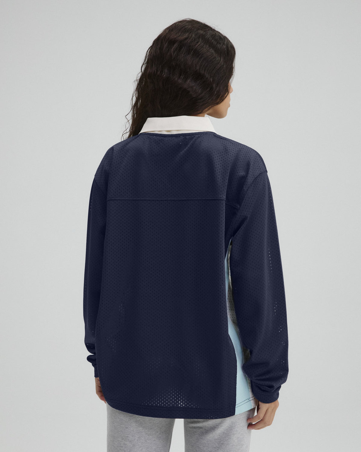 Collared Mesh Long Sleeve Jersey Top - Midnight Blue