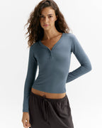 Modal Soft Henley Long Sleeve Top - Storm Blue