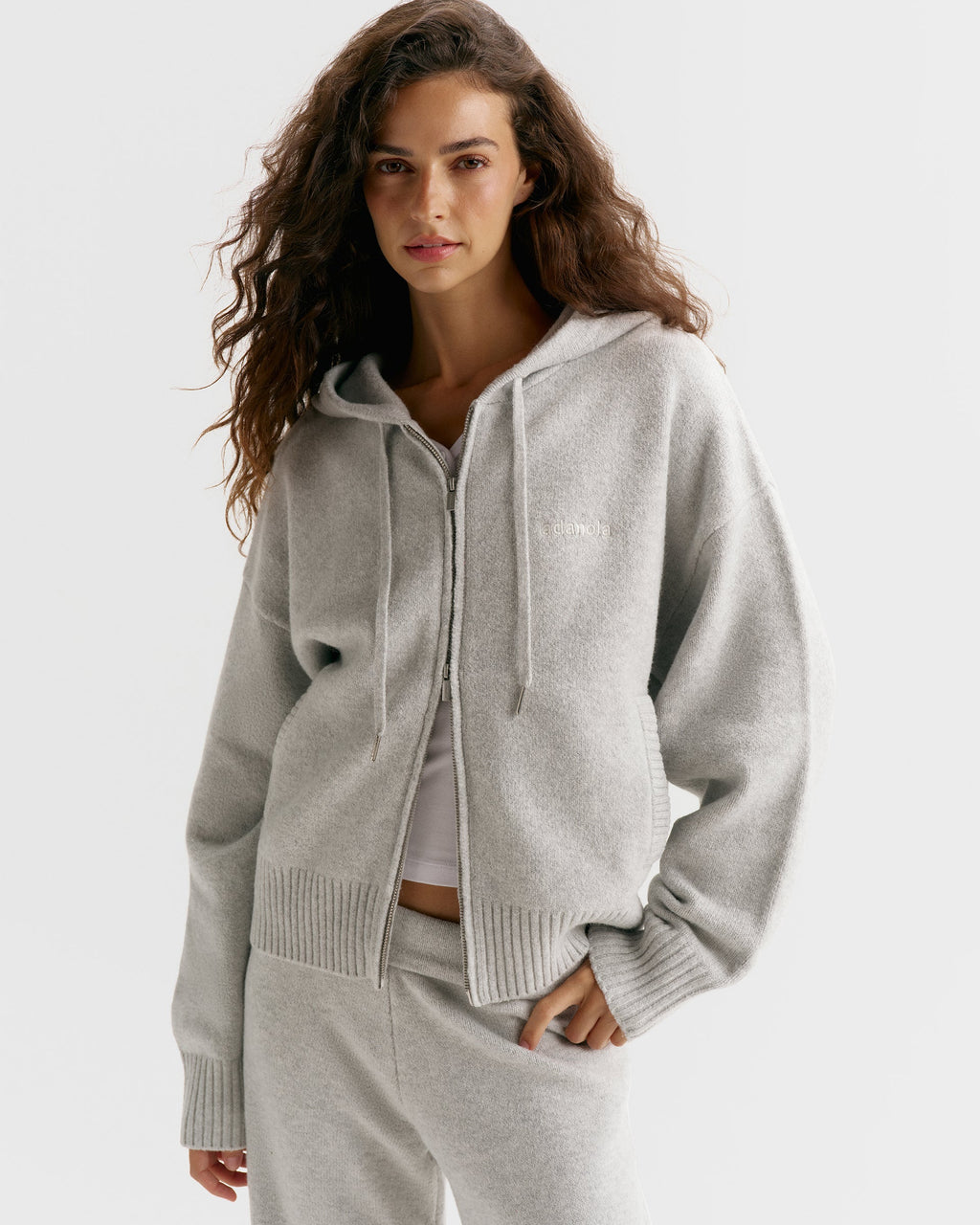 Knit Hooded Bomber Jacket - Light Grey Melange