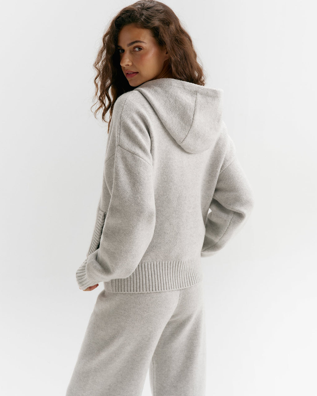 Knit Hooded Bomber Jacket - Light Grey Melange