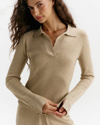 Knit Collar Long Sleeve Top - Oatmeal