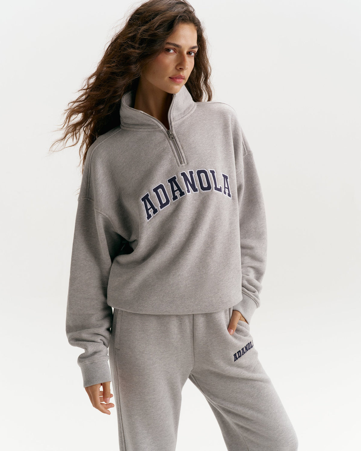 Classic Varsity Relaxed Funnel Neck Zip Sweatshirt - Heather Grey/Navy Blue