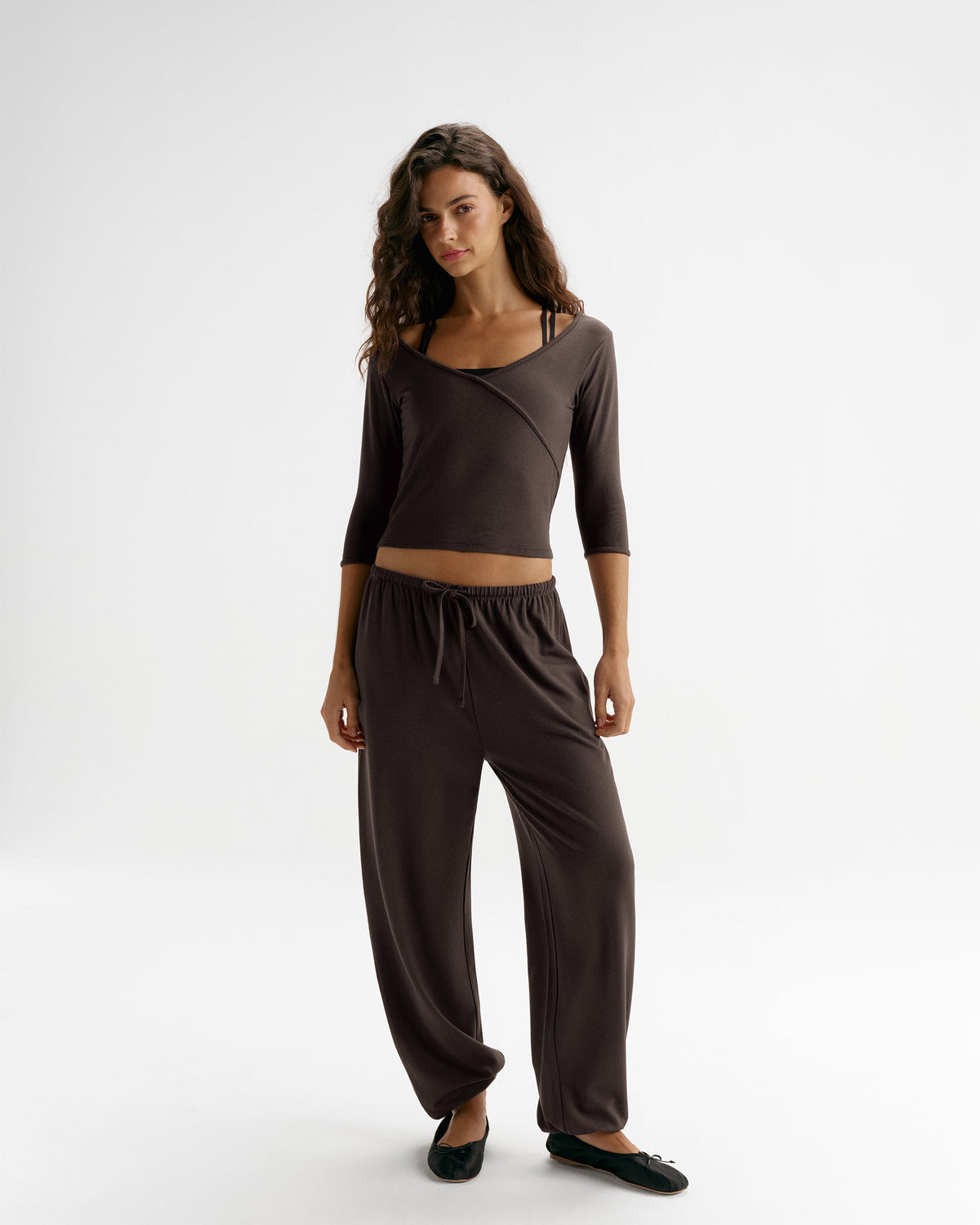 Modal Soft Lounge Long Sleeve Wrap Top - Coffee Bean