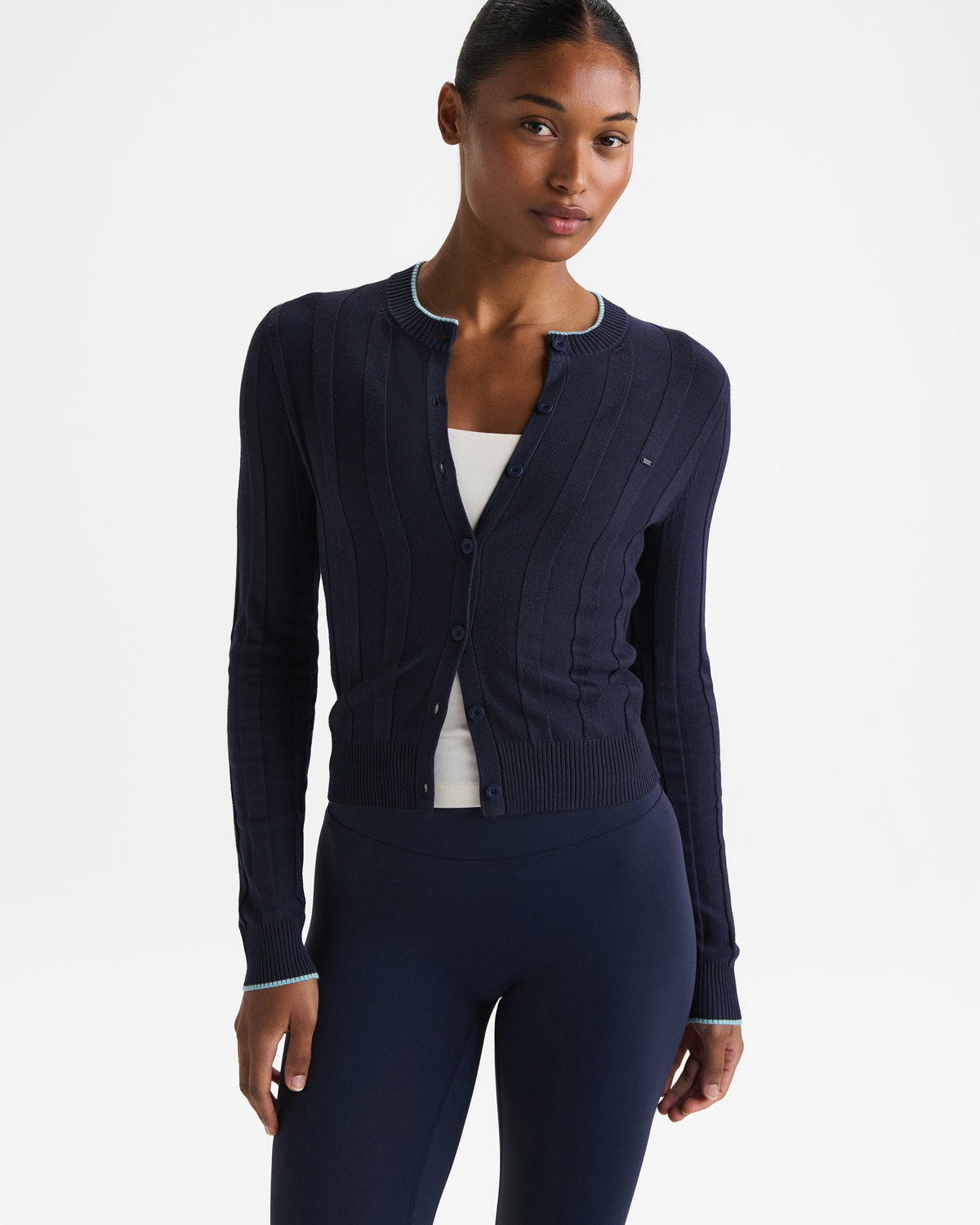 Knit Rib Contrast Cardigan - Navy Blue