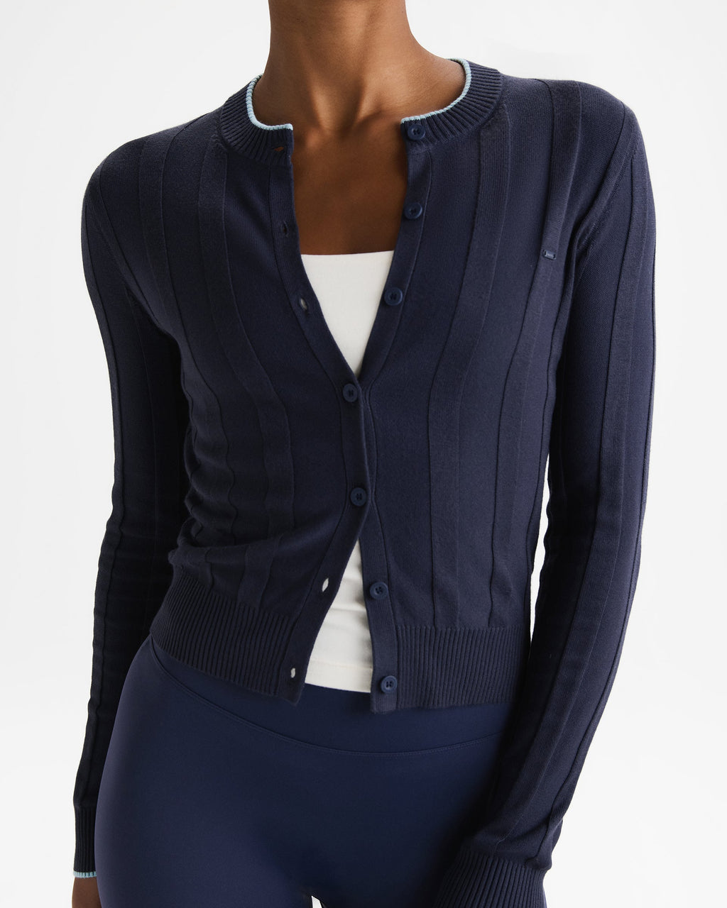 Knit Rib Contrast Cardigan - Navy Blue