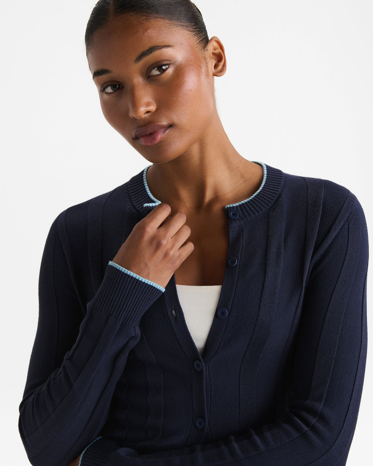 Knit Rib Contrast Cardigan - Navy Blue