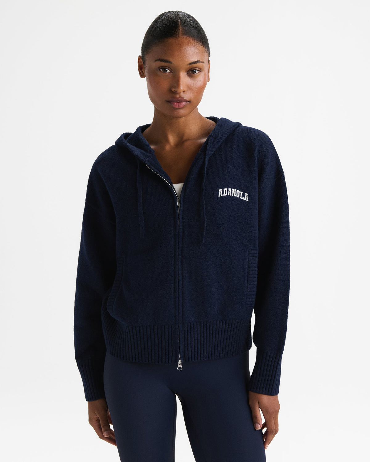 Knit Hooded Bomber Jacket - Navy Blue