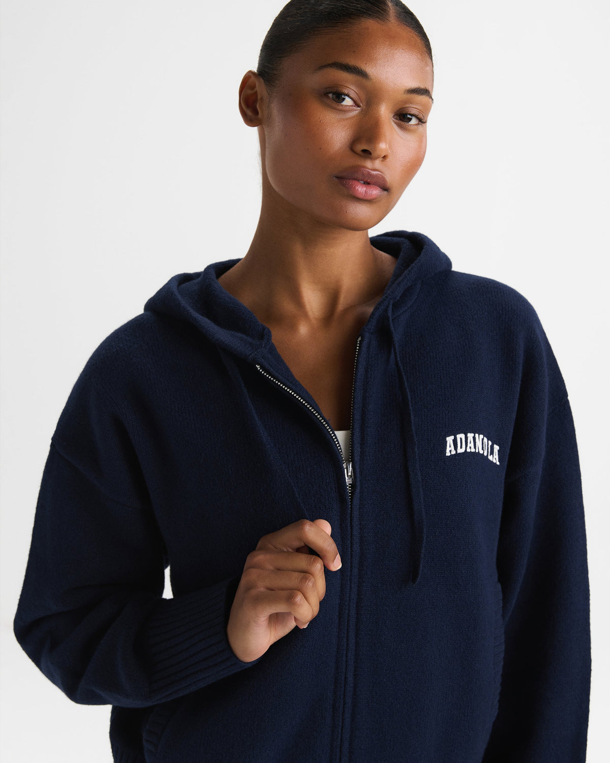 Knit Hooded Bomber Jacket - Navy Blue
