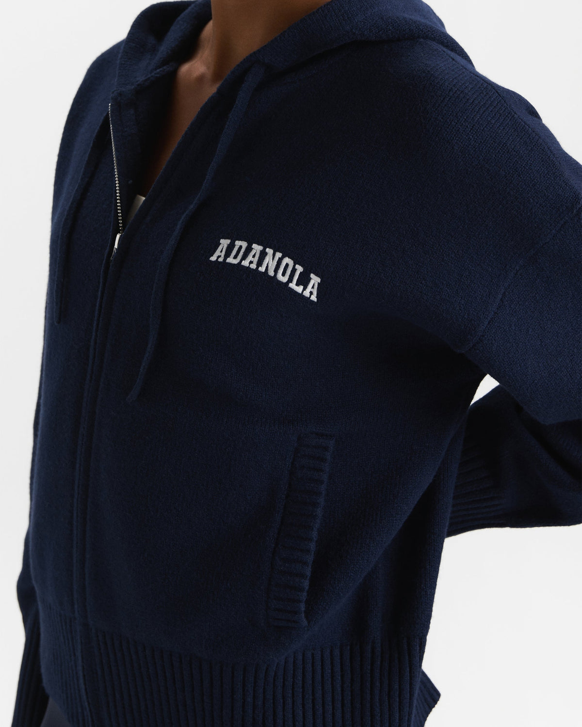 Knit Hooded Bomber Jacket - Navy Blue