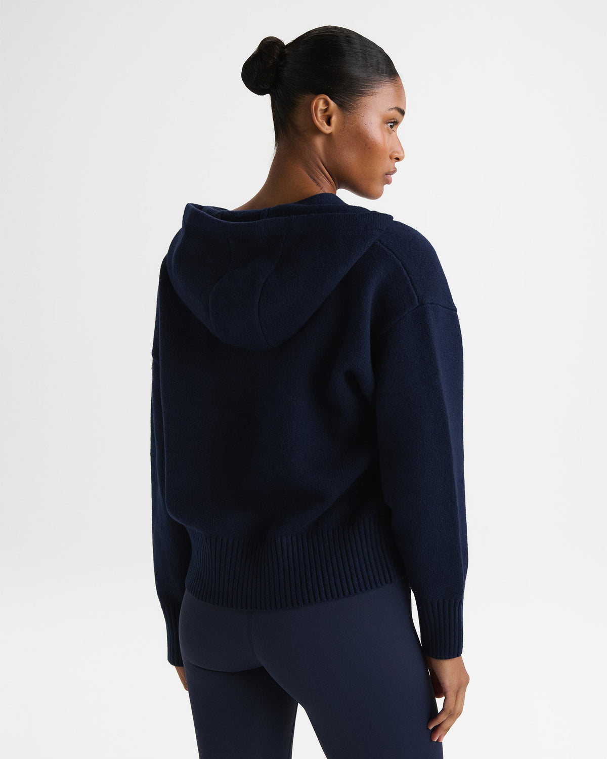Knit Hooded Bomber Jacket - Navy Blue