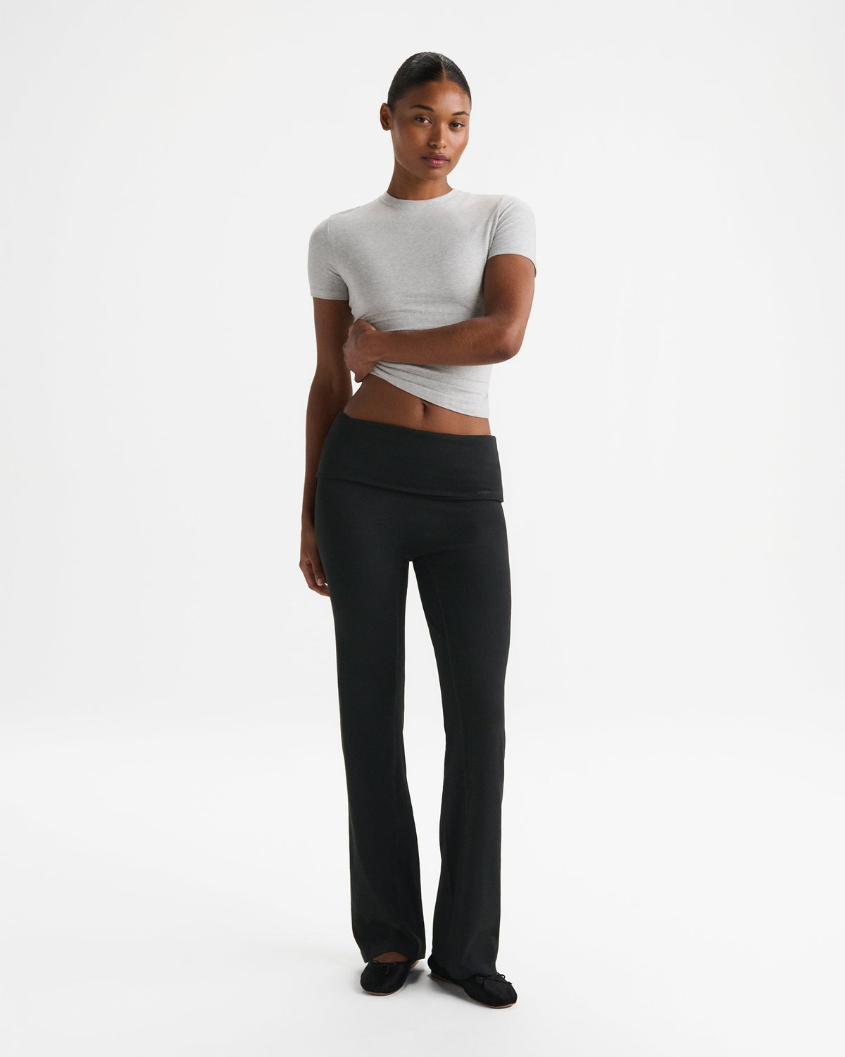 Rib Fold Over Pants - Black
