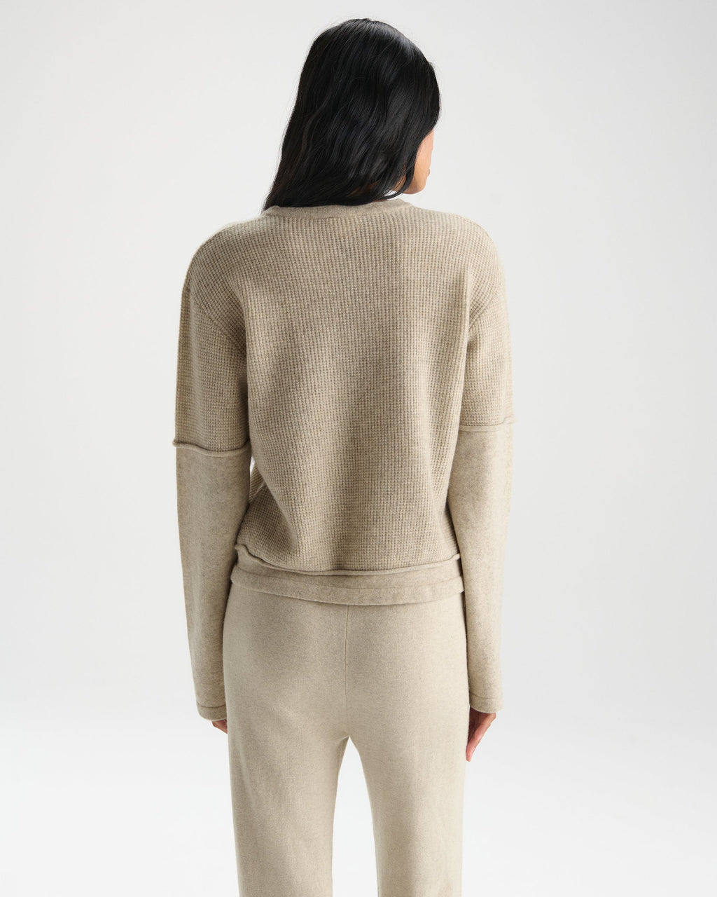 Double Layered Cashmere Blend Knit Long Sleeve Top - Oatmeal Marl