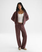 Two Tone Rib Knit Zip Through Hoodie - Damson Red