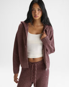 Two Tone Rib Knit Zip Through Hoodie - Damson Red