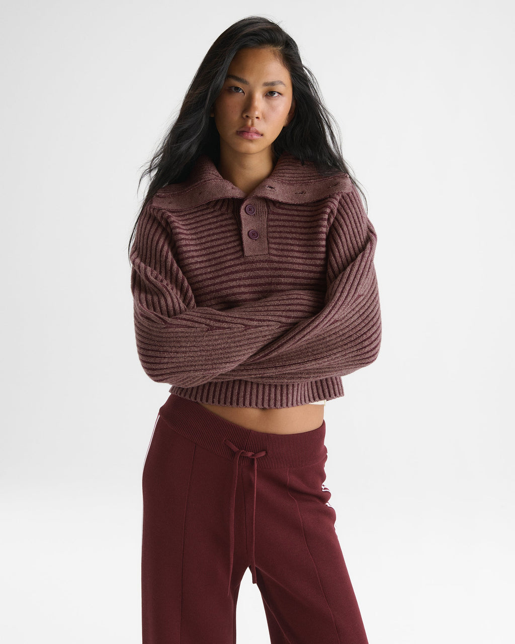 Two Tone Rib Knit Henley Sweatshirt - Damson Red