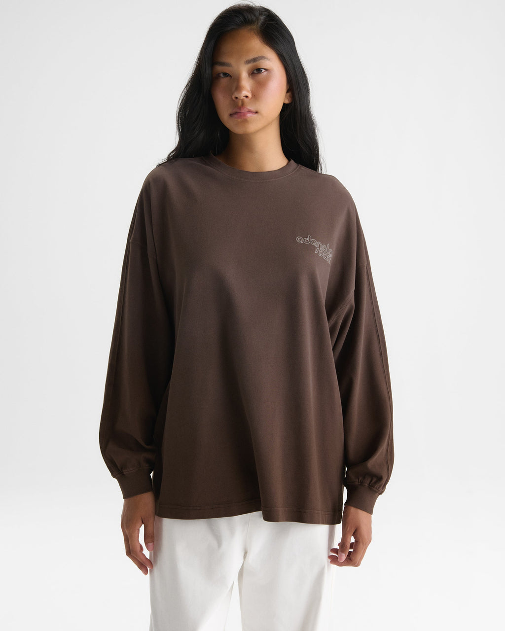 Adanola Sport Washed Long Sleeve Top - Chocolate Brown/Marshmallow White