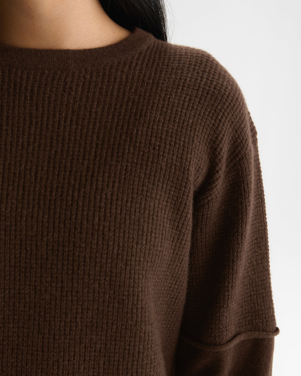 Double Layered Cashmere Blend Knit Long Sleeve Top - Chocolate Brown