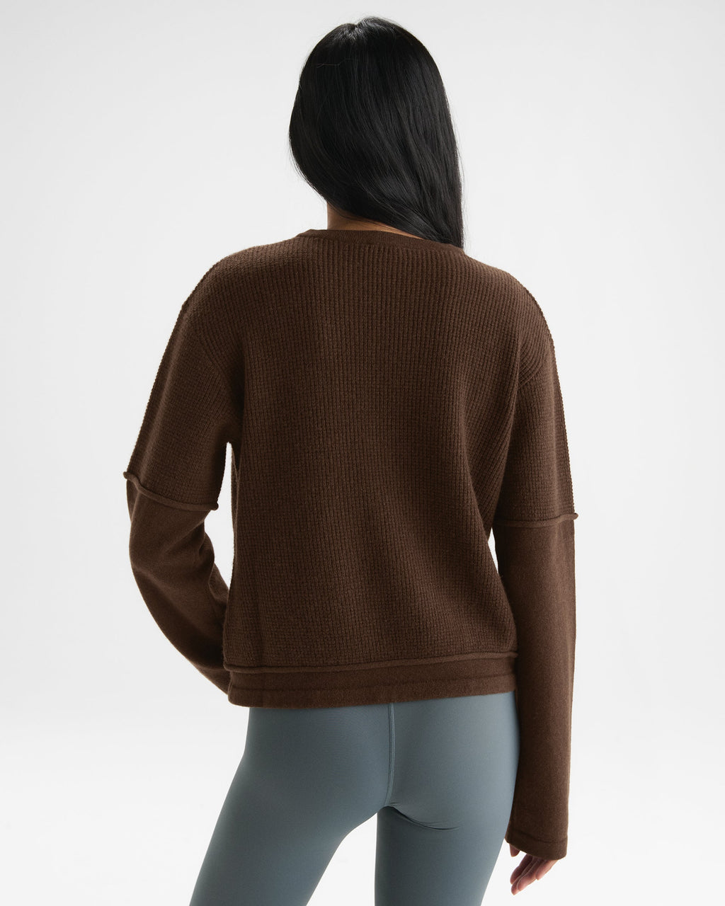 Double Layered Cashmere Blend Knit Long Sleeve Top - Chocolate Brown