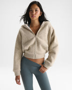 Bonded Knit Hooded Zip Through Fleece - Oatmeal Marl