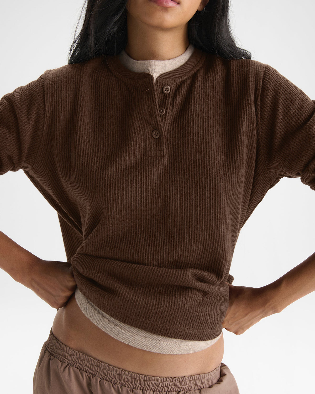 Long Sleeve Rib Henley Top - Chocolate Brown