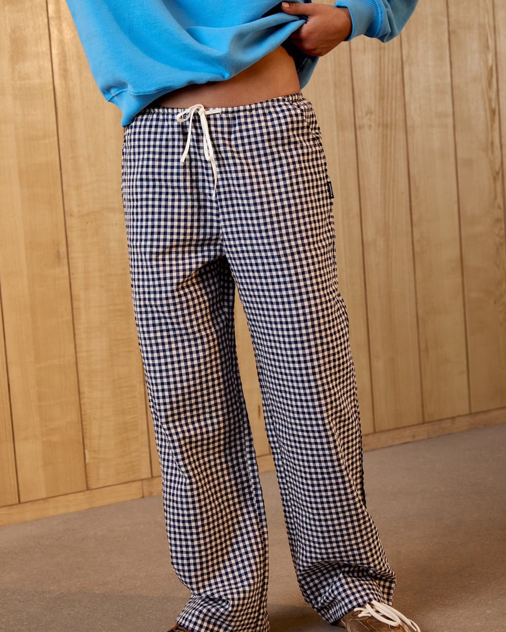 Gingham Drawstring Pants - Navy Blue