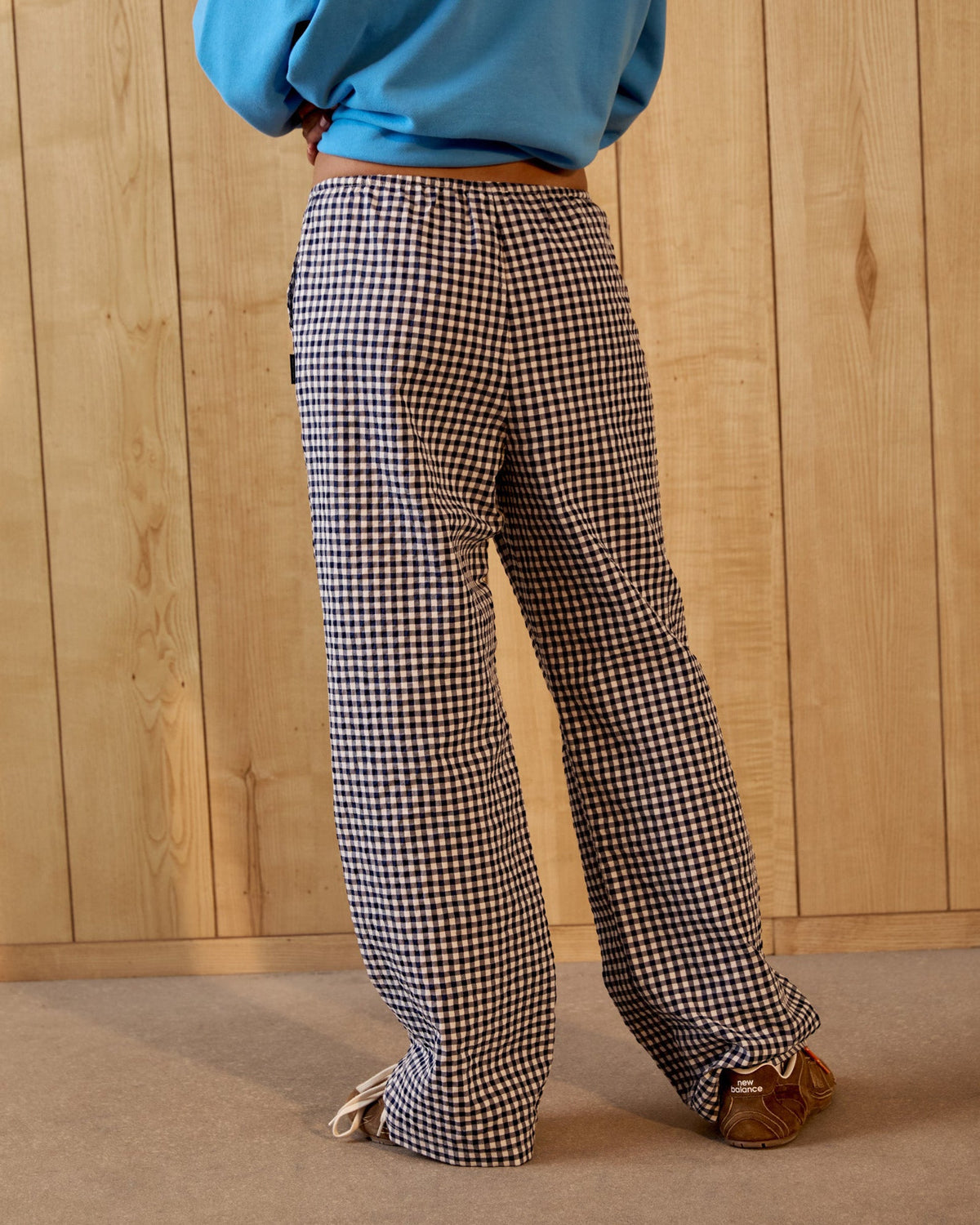 Gingham Drawstring Pants - Navy Blue