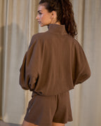 Waffle Full Zip Funnel Neck Sweatshirt - Mocha Brown