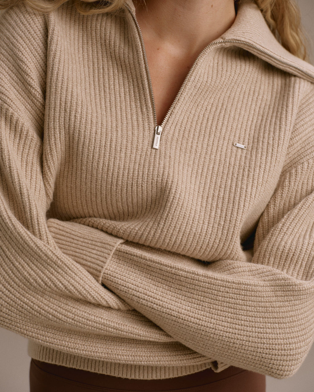 Knit Quarter Zip Sweatshirt - Almond