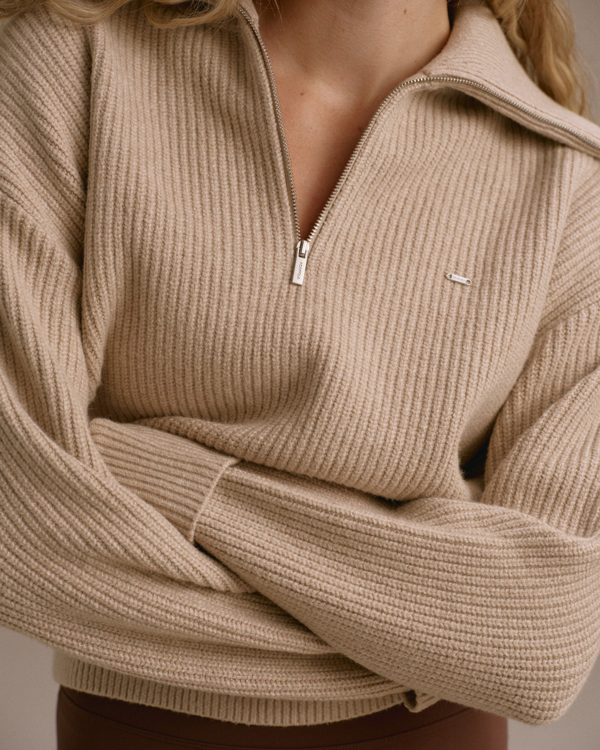 Knit Quarter Zip Sweatshirt - Almond