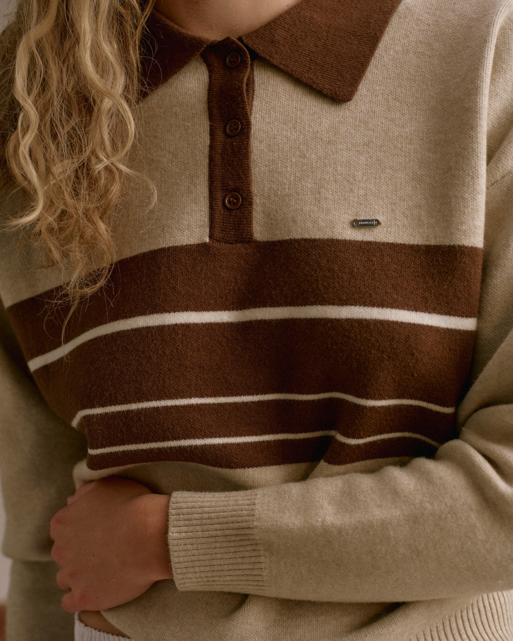 Knit Striped Rugby Sweatshirt - Beige
