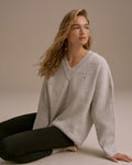 Knit V-Neck Sweatshirt - Light Grey Melange