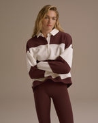 Stripe Oversized Henley Sweatshirt - Burgundy/Marshmallow White