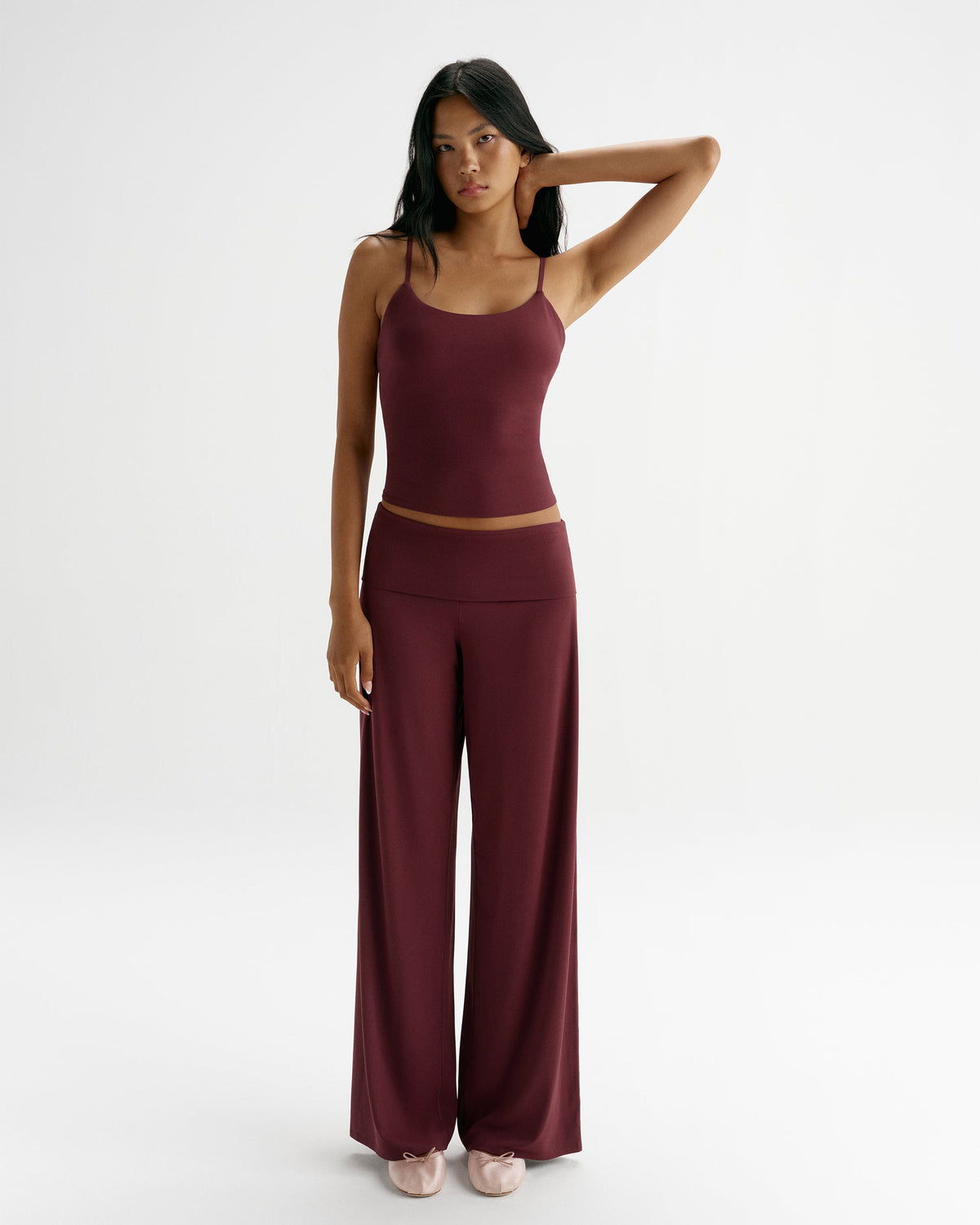 Fold Over Wide Leg Yoga Pants - Damson Red