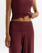 Fold Over Wide Leg Yoga Pants - Damson Red