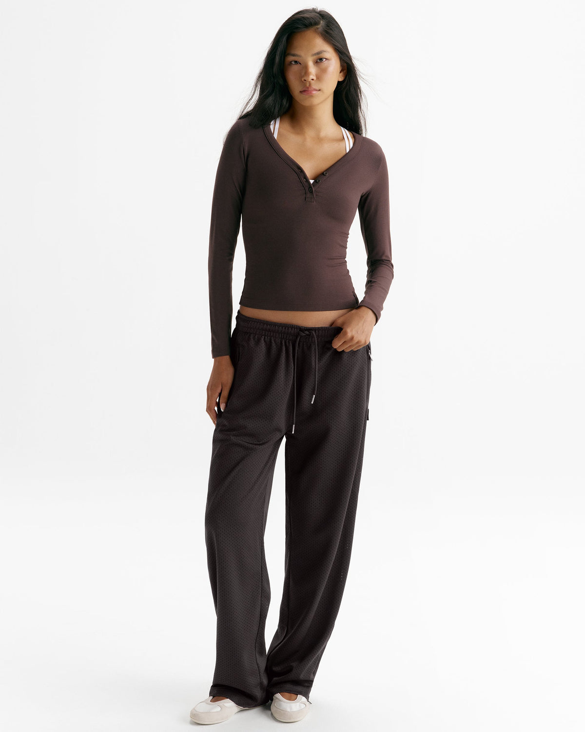 Modal Soft Henley Long Sleeve Top - Coffee Bean