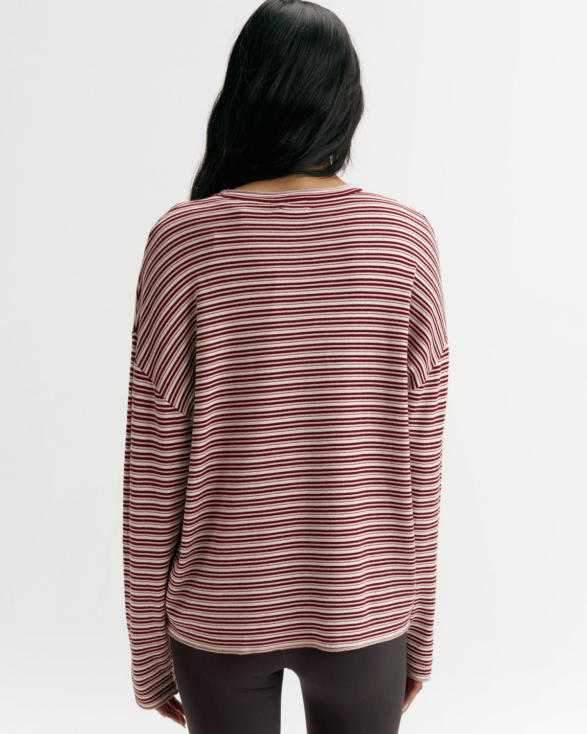 Knit Roll Hem Stripe Sweatshirt - Damson Red