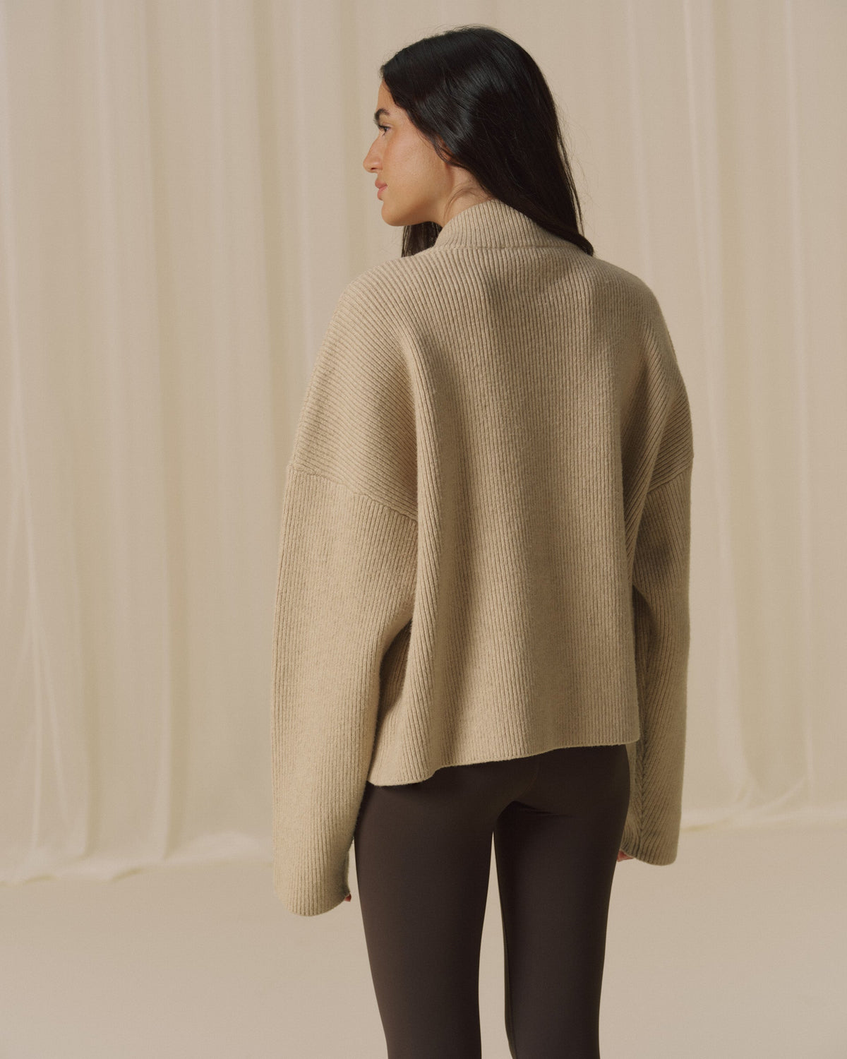 Ribbed Zip Through Knit Sweatshirt - Oatmeal