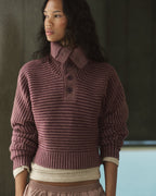 Two Tone Rib Knit Henley Sweatshirt - Damson Red