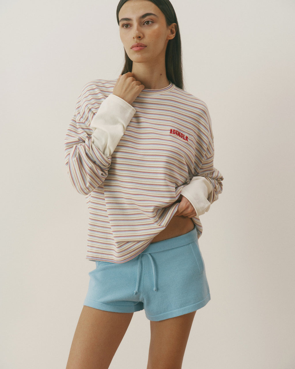Knit Roll Hem Stripe Sweatshirt - Marshmallow White