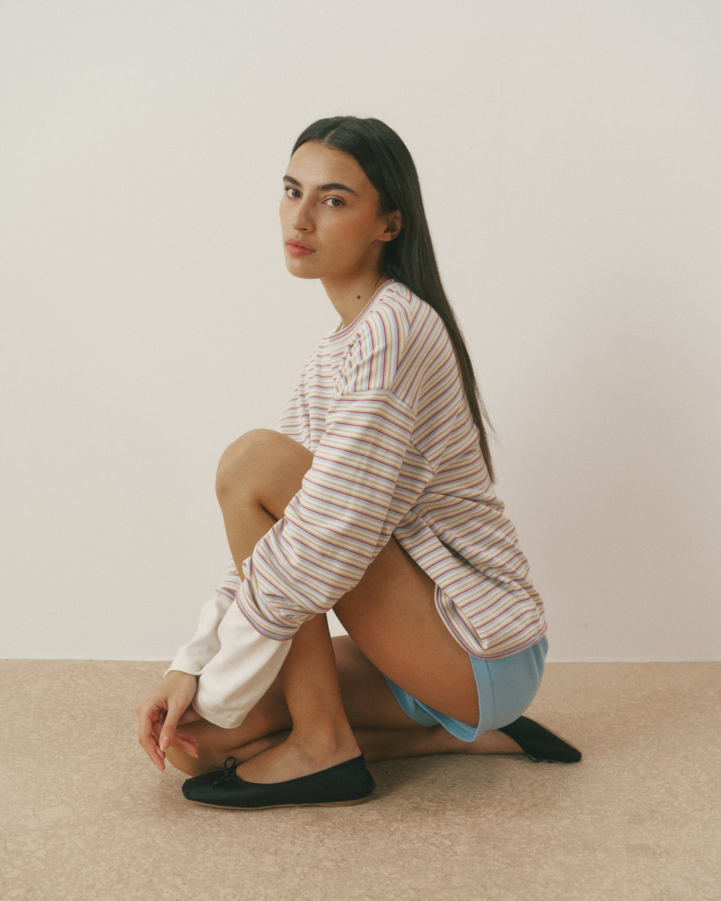 Knit Roll Hem Stripe Sweatshirt - Marshmallow White