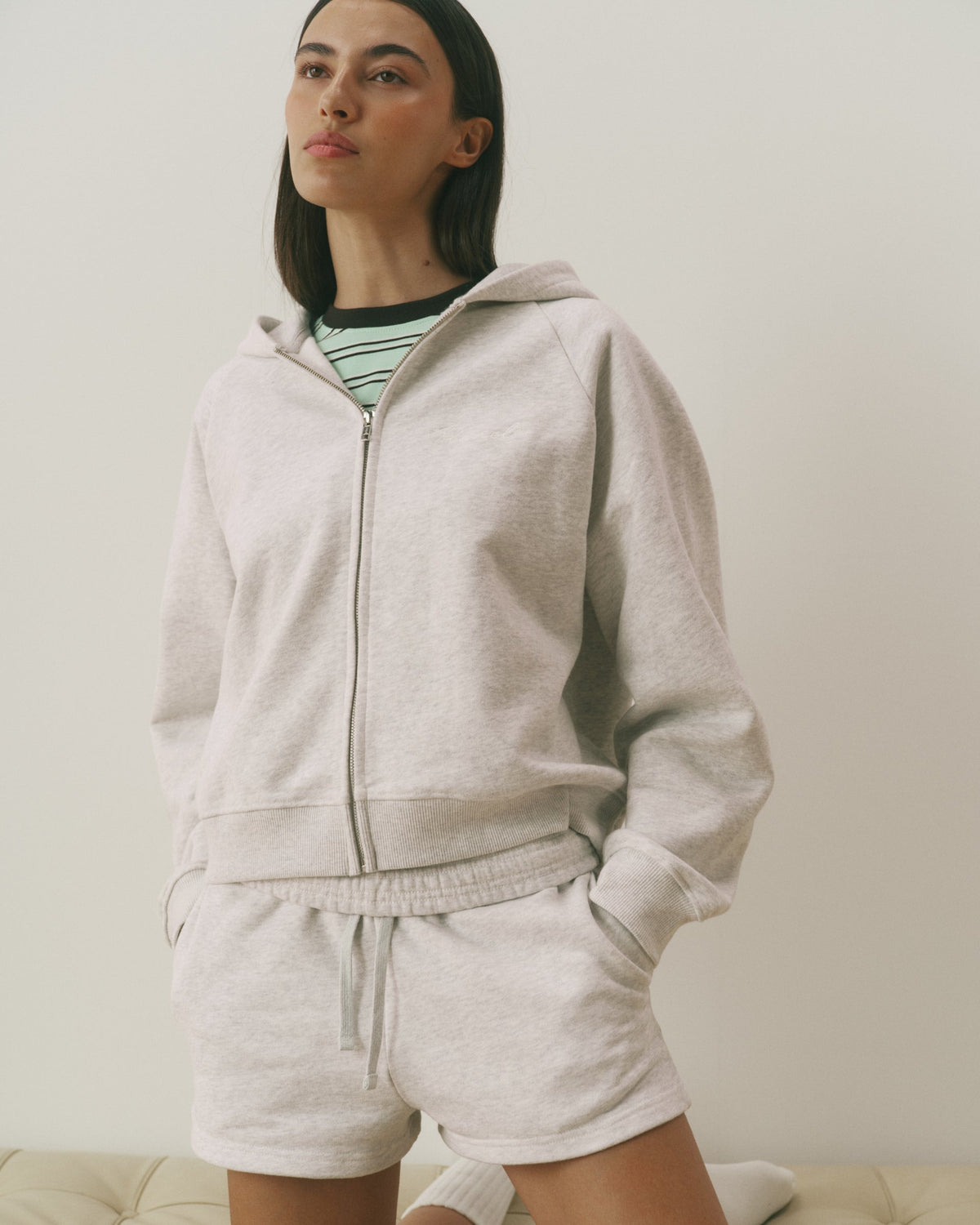 Loose Fit Zip Through Hoodie - Light Grey Melange